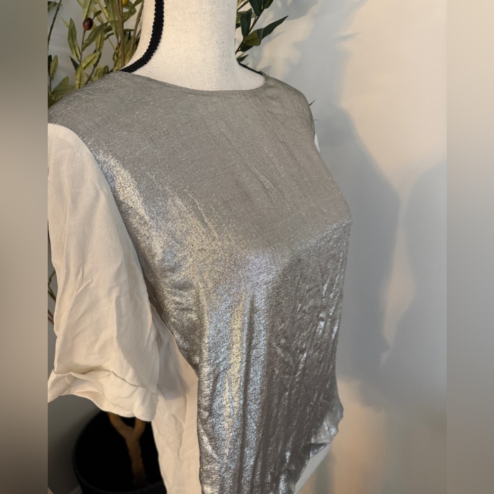 Maje Silver Metallic and Cream Short Sleeve Top Size XS - Picture 2 of 5